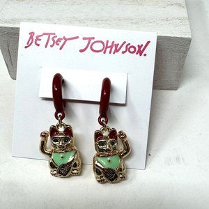 Betsey Johnson Lucky Cat Earrings Goldtone Hoops  Enameled NWT